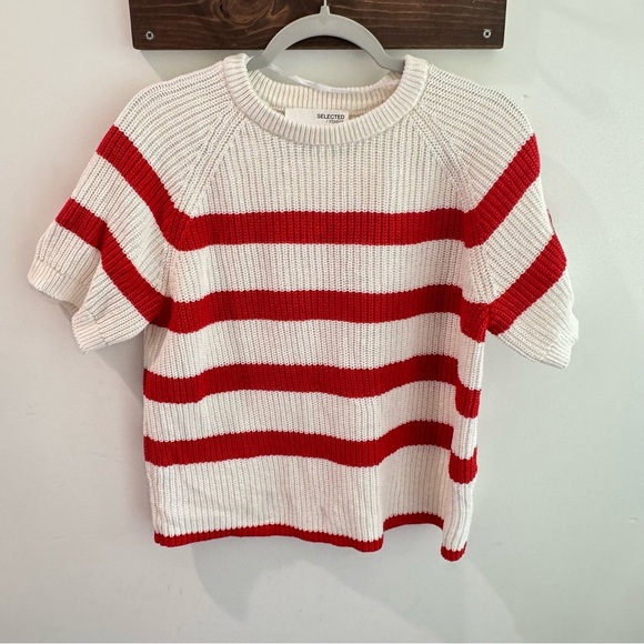 Selected Femme Bloomie Short Sleeve Knit Sweater Snow White Flame Scarlet Large - Picture 1 of 5